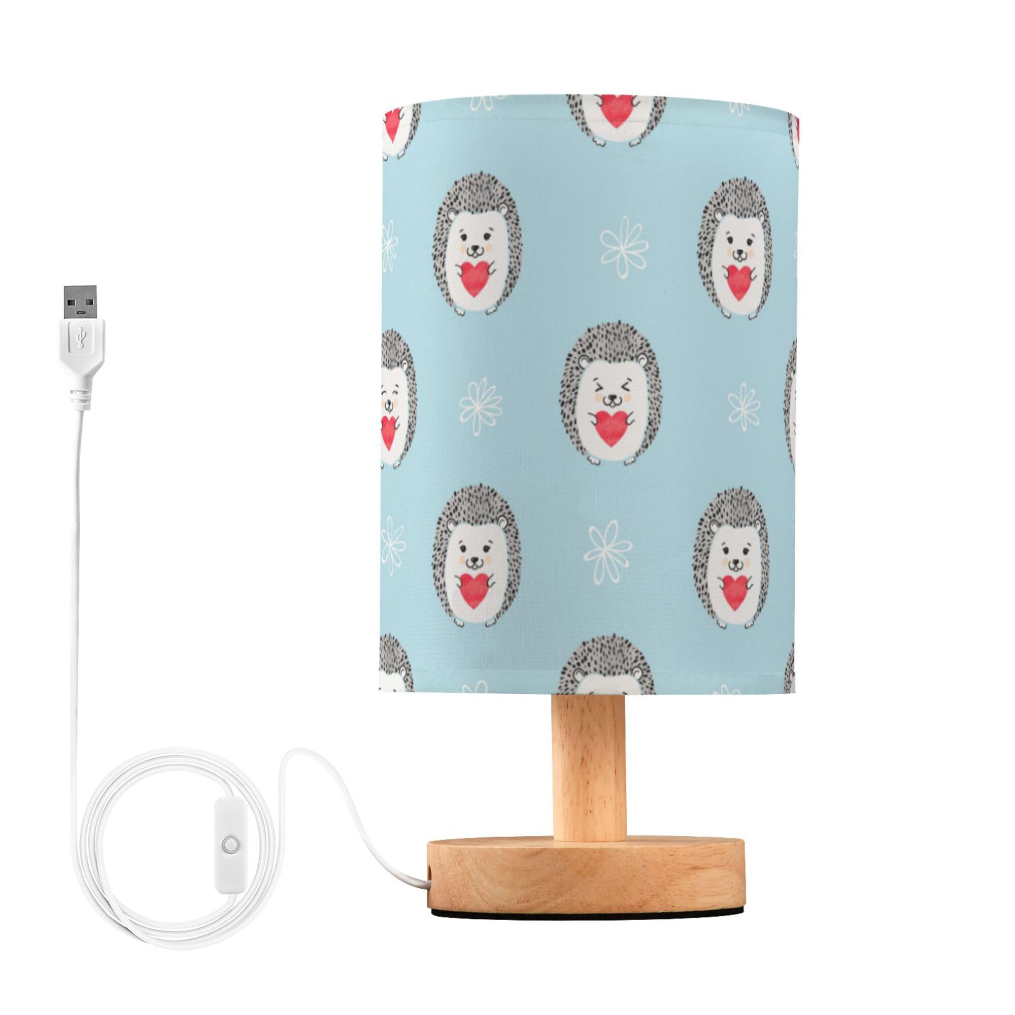 YYZZH Table Lamp Hedgehog Baby Hold Red Heart Flower Valentines Day on Blue Nightstand Lamp with Wood Base Fabric Lamp Shade Bedside Desk Lamp for Living Room Bedroom Kids Room Office