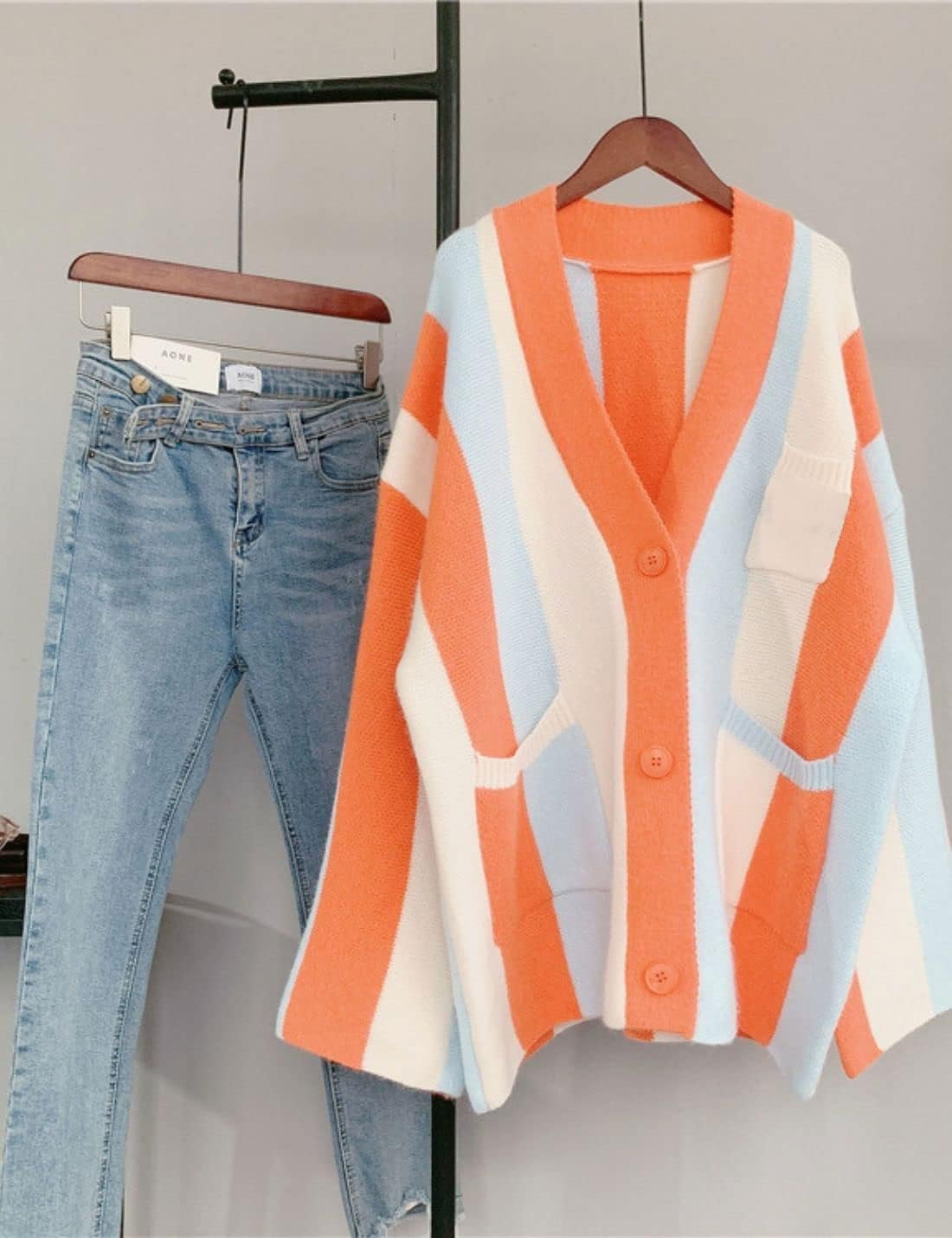 Unilexi Womens Loose Long Sleeve Rainbow Striped Cardigans Sweater Boho Color Block Chunky Knitted Tops - Image 2