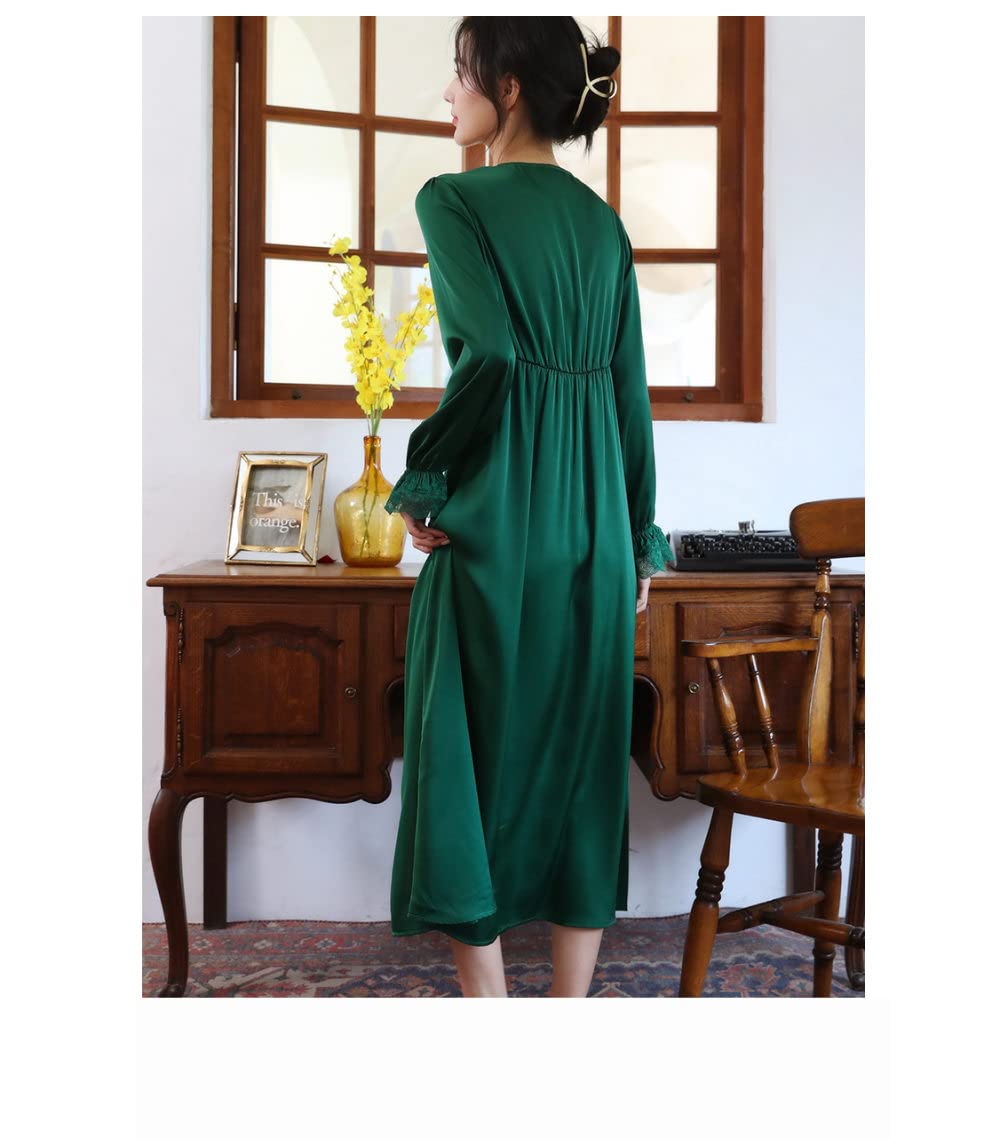 Nachthemd Damen,Damen-Nachthemden Dunkelgrün Satin V-Ausschnitt Spitze Knopf Schlitz Sexy Schlafhemd Weiche Bequeme Lange Ärmel Nachthemd Loungewear Für Damen Mädchen Pyjama Party Weihnachtsnach