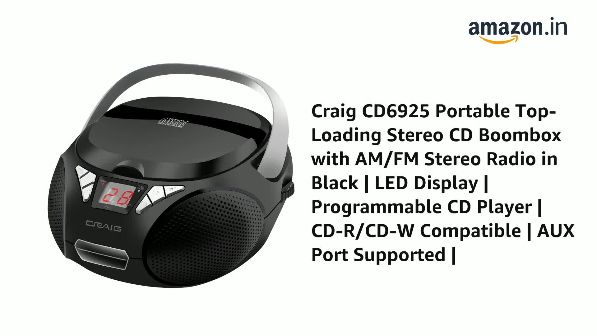 Craig CD6925 Portable Top-Loading Boombox with AM/FM Radio - Black