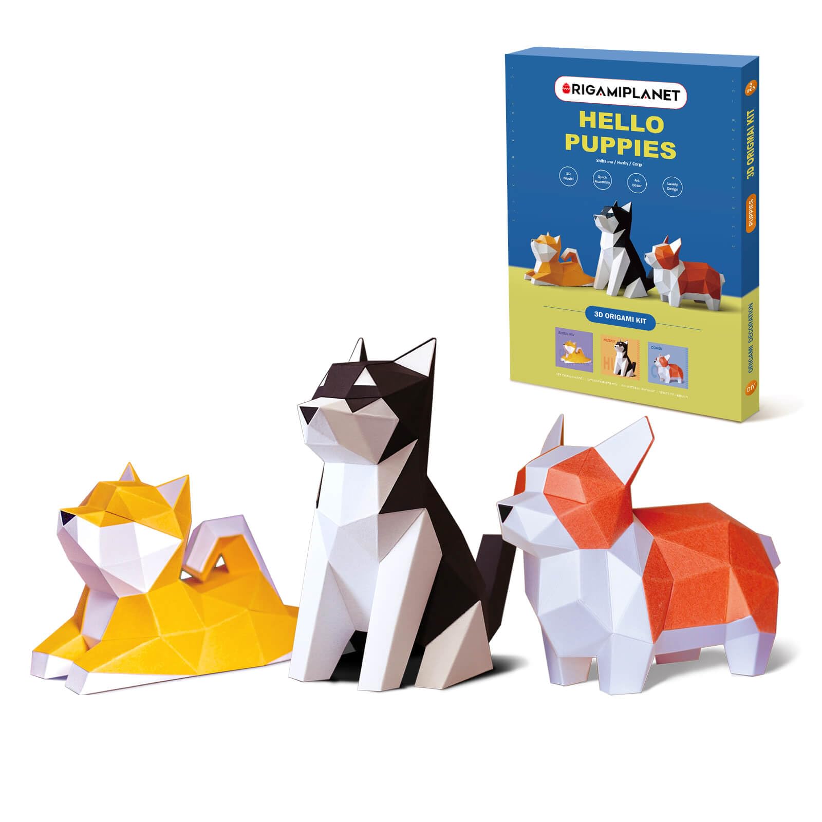 ORIGAMIPLANET Hello Puppies Zestaw upominkowy 3D do origami, 3 szt., Husky/Corgi/Shiba Inu, wstępnie wycięte origami, urocze zwierzę, papierowa rzeźba dla nastolatków i dorosłych, dekoracja domu, DIY