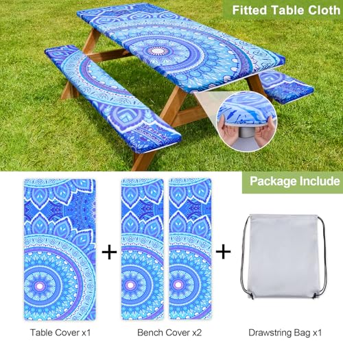 Image of Picnic Table Cover with Bench Covers 6FT 3 Pcs Waterproof Windproof Aesthetic Camping Tablecloth with Drawstring Bag, Fitted for 6 Foot Rectangle Tables and Seats, 72 inch, Light Blue Purple