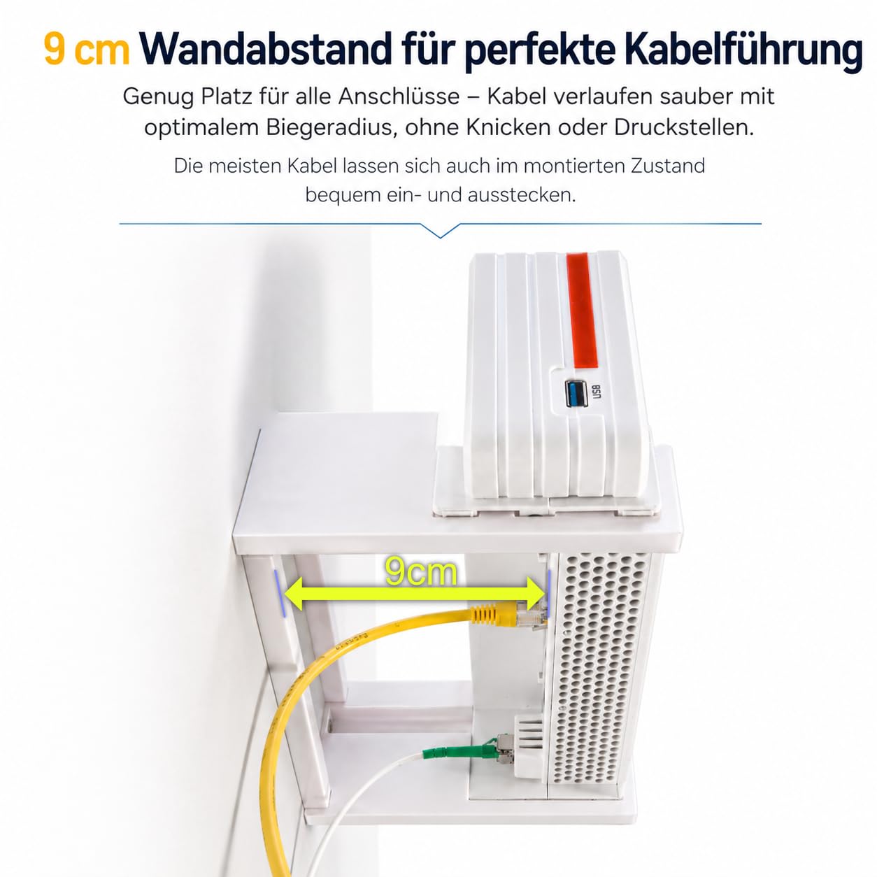 OSAZEE Wandhalterung für AVM FritzBox 5690 Pro – 9 cm Wandabstand für optimale Kabelführung – Überkopf & Untertisch montierbar – inkl. Schrauben & Dübel – Made in Berlin