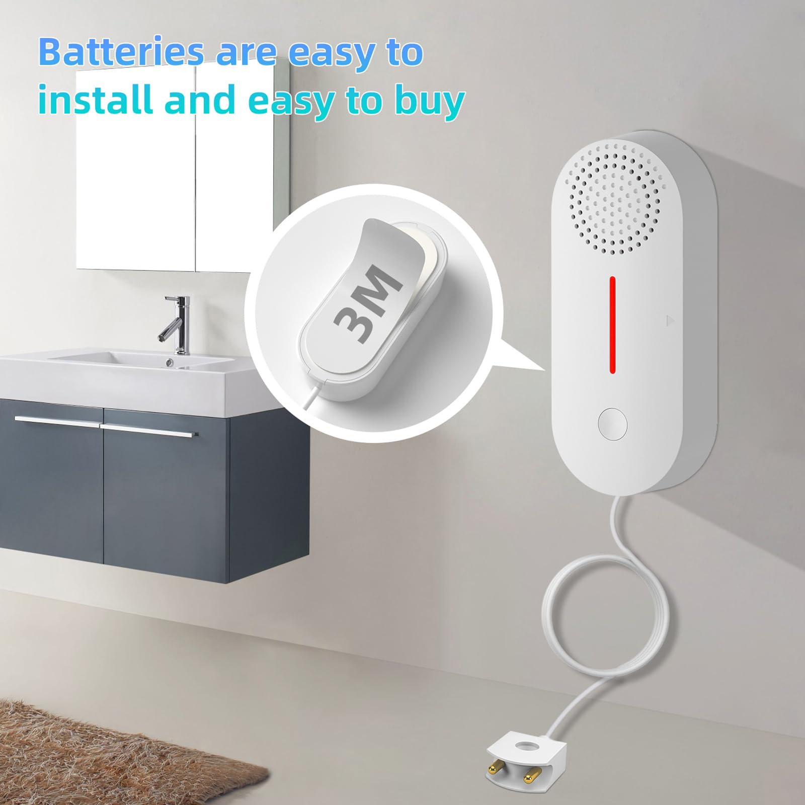 Cuteefun Detector de Fugas de Agua WiFi, Alarma de Bajo Nivel de Agua, Alarma de Agua Fuerte de 100dB, Sensor de Agua Inalámbrico con Control Remoto Tuya/Aplicación Smart Life para Baño, Cocinas