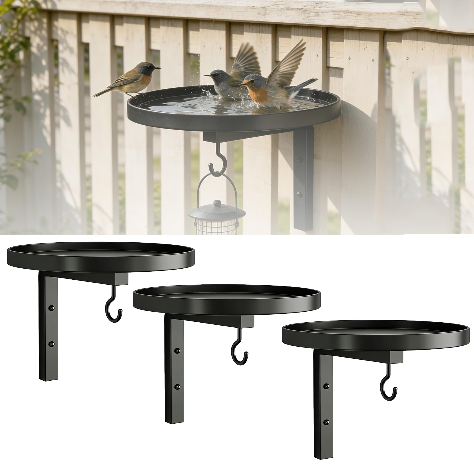 Abbeveratoio Uccelli da Parete 20cm Ciotola in Metallo con Gancio | Ferro antiruggine, 2 in 1 per balcone o recinto, salva spazio, facile da pulire, mangiatoia per uccellini selvatici