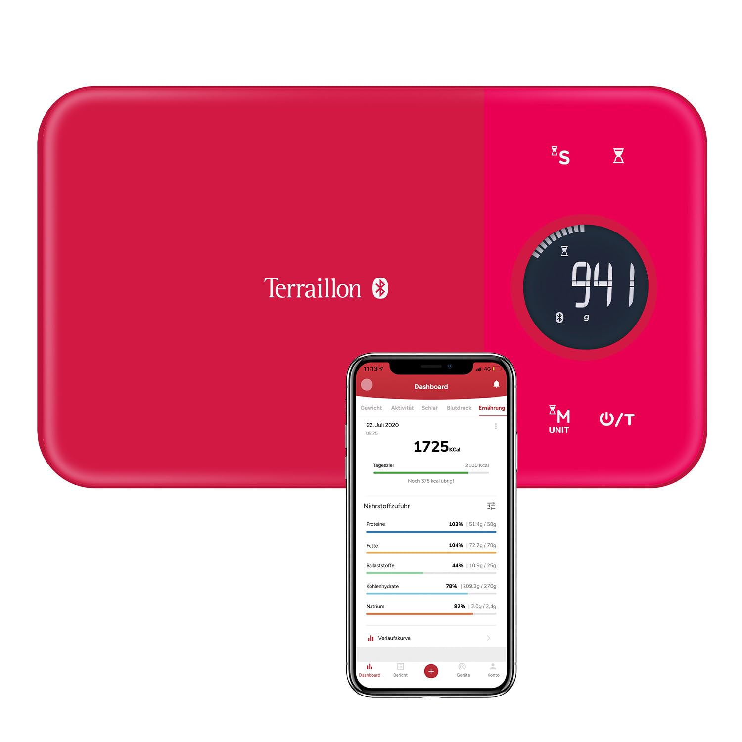 Terraillon Küchenwaage, Mit Smartphone/Tablet verbindbar, Berechnung der Energieaufnahme, Mit Tara-Funktion, Flüssigkeitsanzeige, Timer, Bluetooth Smart, 5 kg, NutriTab, Cranberry Rot