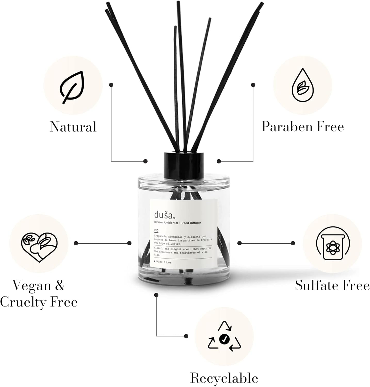 Duša Grapefruit Reed Diffuser & Sticks - 5 Fl Oz Essential Home Fragrance for Bathroom, Office & Living Spaces – Stylish & Long-Lasting Room Air Freshener - Ideal for Housewarming & Special Occasions