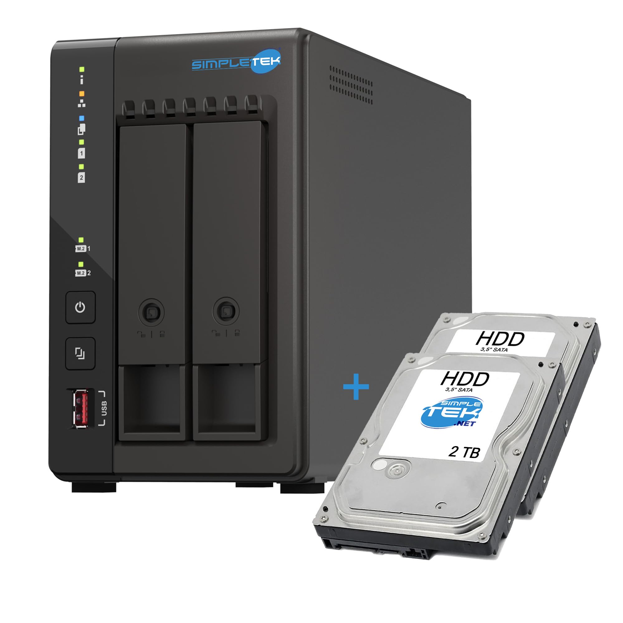 SIMPLETEK - Servidor de almacenamiento NAS de 2 bahías con 2x HDD de 2 TB - Quad-Core 2.0GHz - 8GB RAM DDR4 integrada - 2 ranuras M.2 NVMe - Doble red 2.5GbE