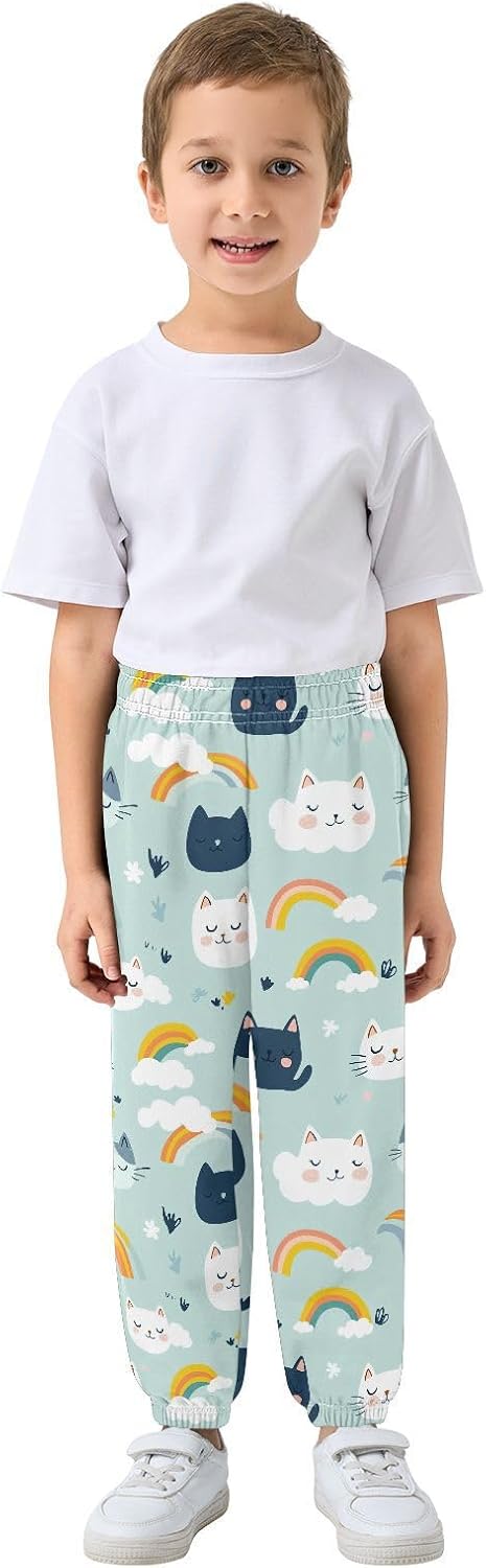 Boy Sweatpants Cartoon Cat Animal Rainbow Joggers Casual Athletic Pants Kids Elastic Waist Cuffed with Pockets