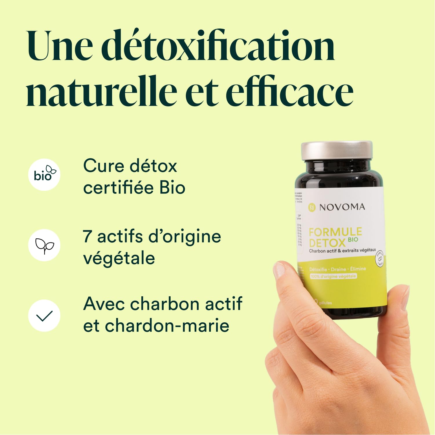 NOVOMA Formule Détox Bio, Purification Foie & Digestion, Avec Charbon Actif, Chardon-Marie, Chlorella & Gingembre, Cure de 1 Mois, 90 Gélules, Végan, Fabriqué en France