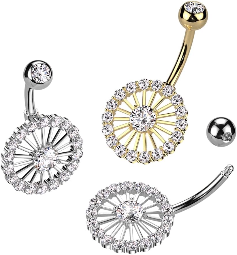 Pierced Owl 14GA 316L Stainless Steel CZ Crystal Paved Wheel Belly Button Ring - Image 3