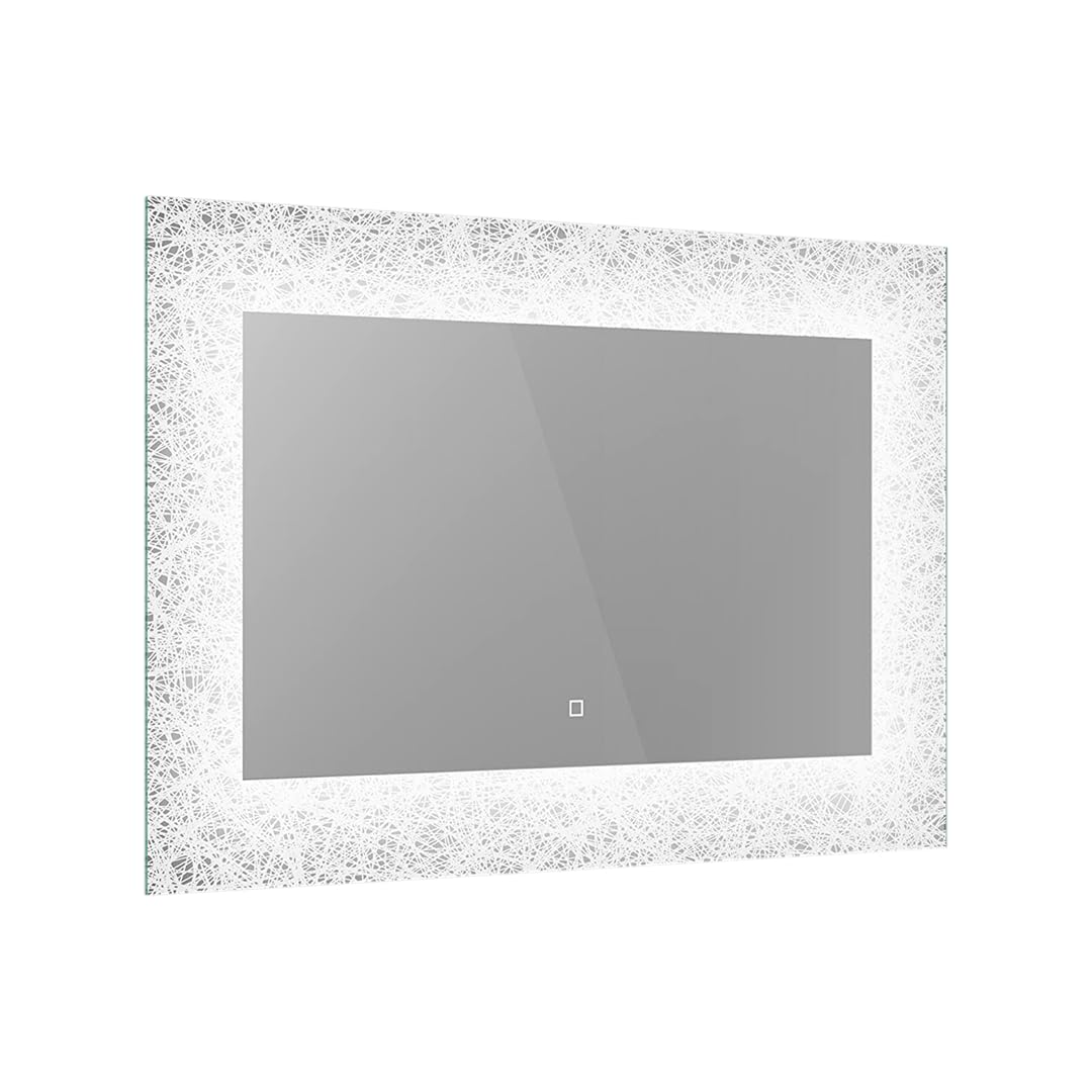 iBathUK Vellin Wall Mounted Rectangular LED Bathroom Mirror, Modern Landscape Touch Sensor Design with Demister, Copper-Free Silver Mirror in White, 900 x 600mm
