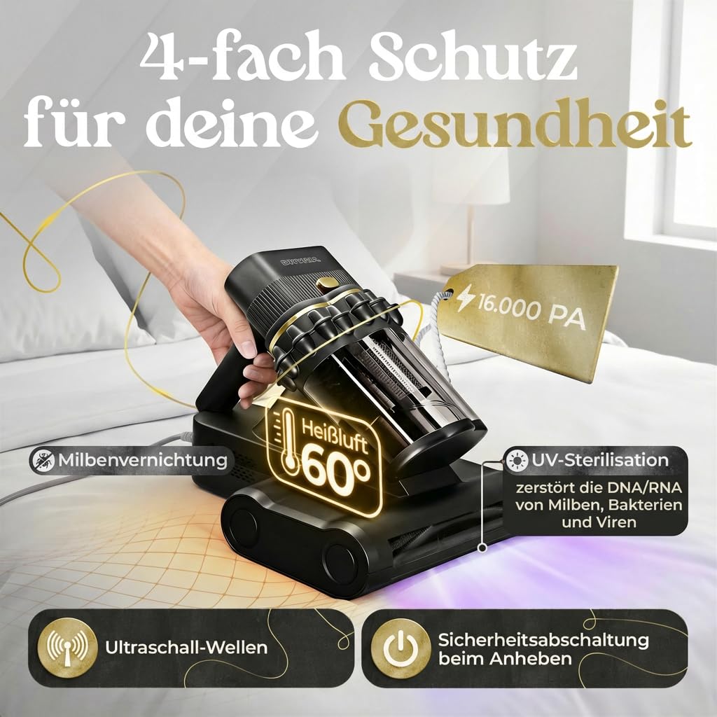 Milbensauger für Matratzen – 16 kPa Matratzenreiniger mit UV-Licht, Ultraschall, 60°C Heißluft - Milben Sauger | Effektiv gegen Hausstaubmilben | Ideal für Allergiker, Polstermöbel & Tierhaare