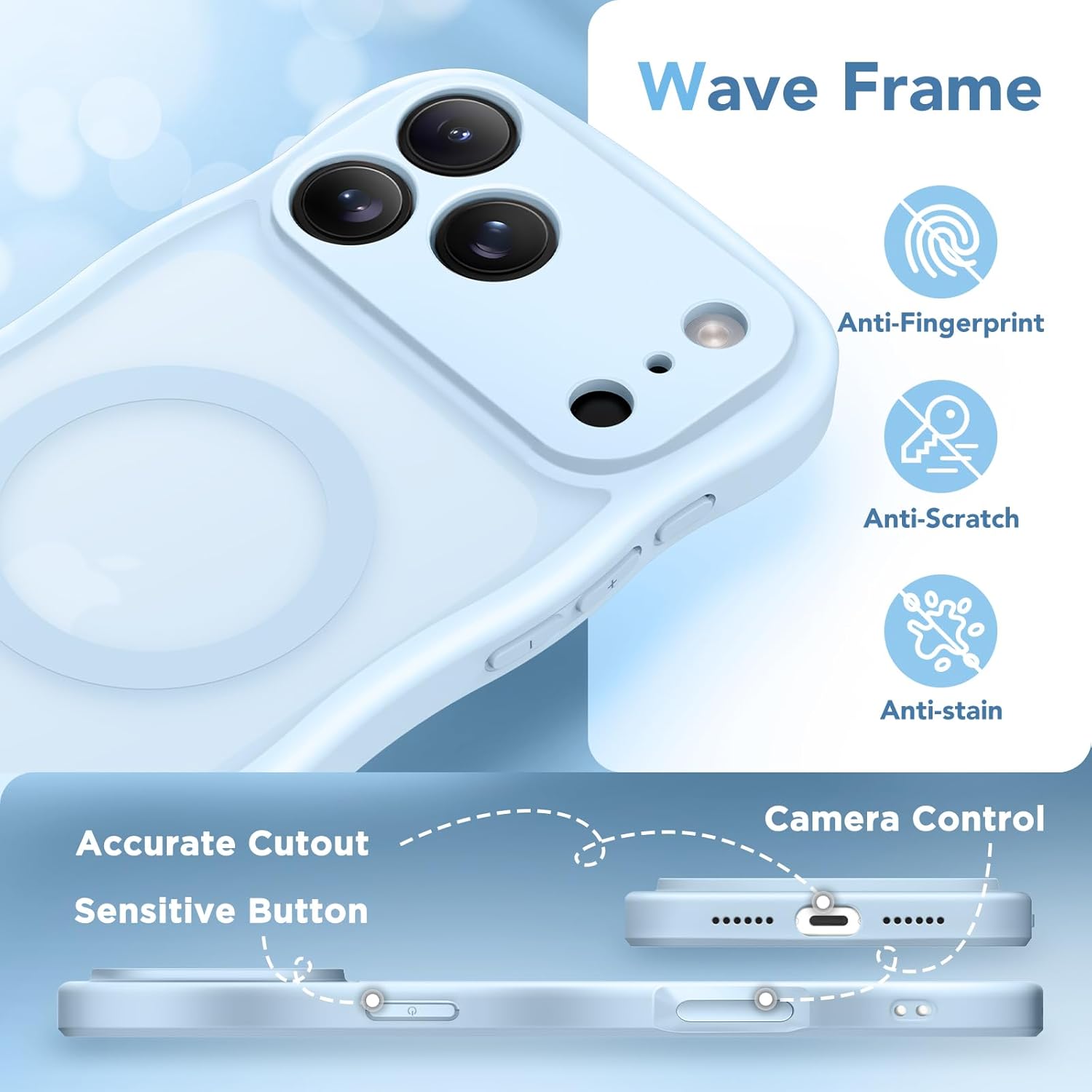 CAPRARO Magnetic for iPhone 17 Pro Max Case for Women Girls, Upgraded [Full Camera Protection] [Compatible with MagSafe] Cute Wave Translucent Matte Phone Case for iPhone 17 Pro Max, Light Blue - Image 8
