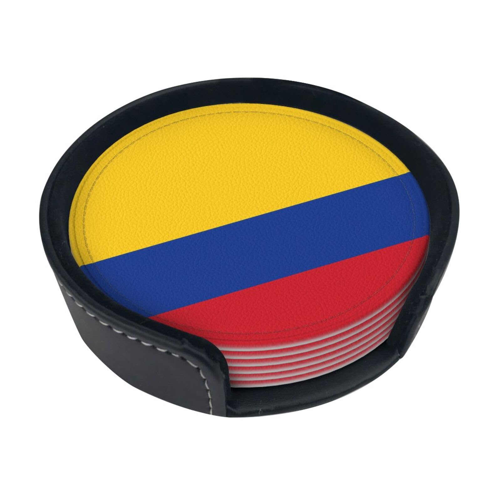 Cntdbu White Flag Of Colombia Leather Coasters Set Of 6-Pu Leather Drink Mats For Table, Heat Resistant Round Coasters With Holder