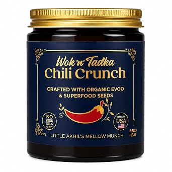 Wok n Tadka Garlic Chili Crunch 6oz, Mild Chili Crisp & Chili Oil, Organic Extra Virgin Olive Oil, No Seed Oils, Gluten Free, Vegan, Ramen & Dumpling Topping