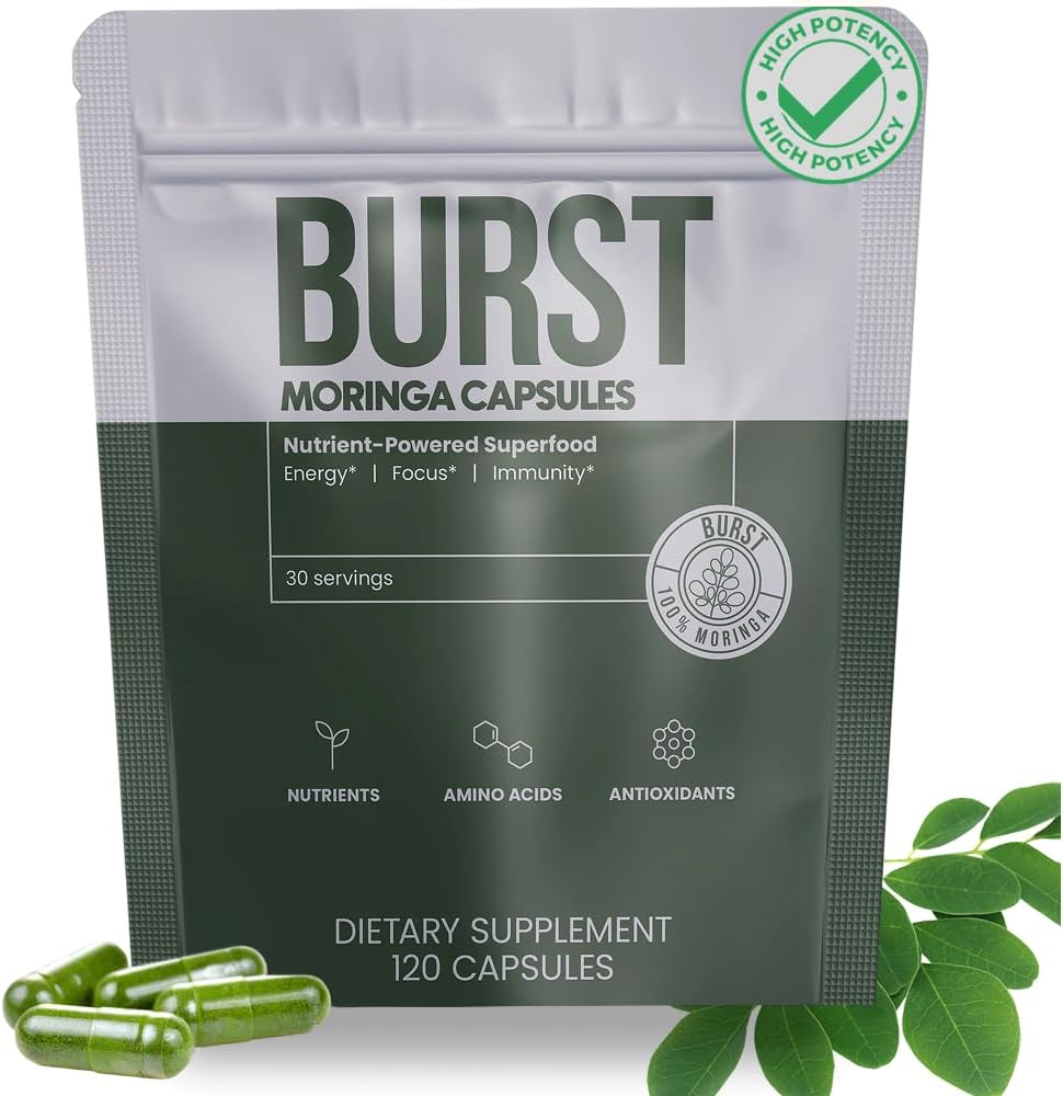 Burst 100% Organic Moringa Capsules – Supports Energy, Immunity, & Vitality | Pure Moringa Oleifera Supplement | Rich in Vitamins, Protein, & Antioxidants | Vegan, Non-GMO - 120 Capsules