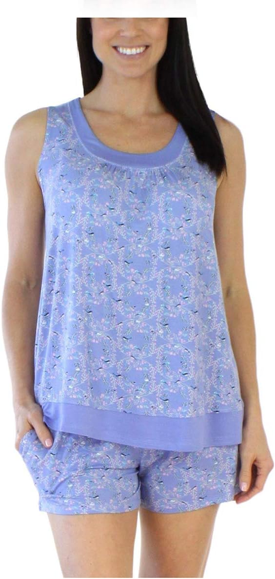 Women's Sleepwear Bamboo Jersey Tank and Shorts Pajama Pj Set, Bird Trellis (BSBJ1915-1019-LRG)