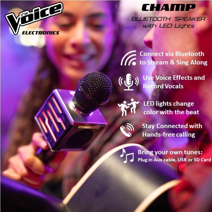 The Voice Champ Deluxe microphone showing Bluetooth connectivity