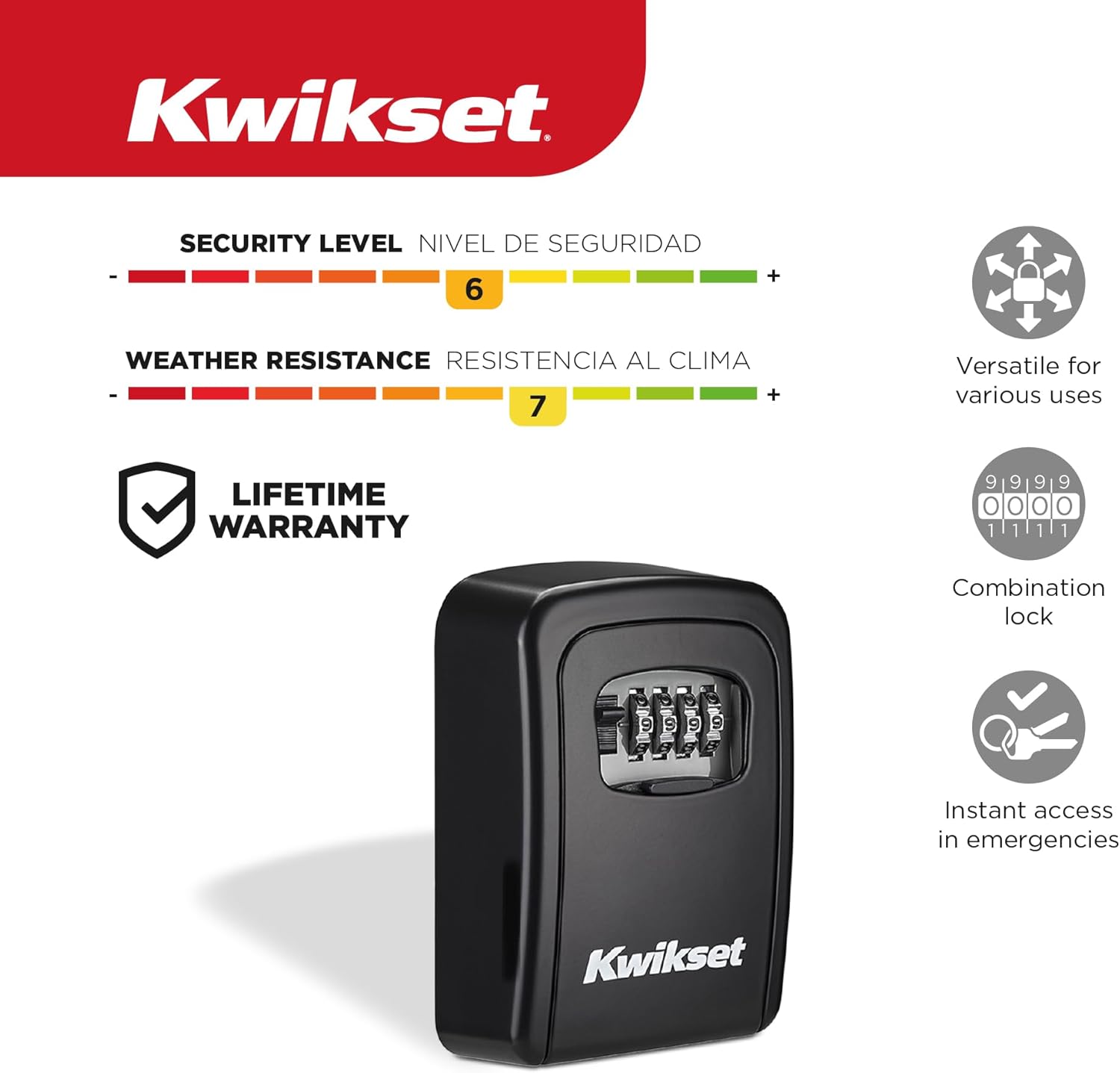 Kwikset Wall Mount Key Storage Lock Box, Resettable 4-Digit Combination, Large Capacity, 3-9/16 in, 1 Pack, Black