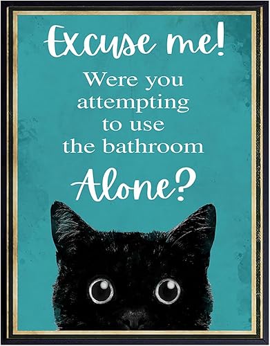 Funny Cat Restroom Sign LARGE 11x14 - Guest Bathroom Decor for Women - Small Bathroom Wall Art - Blue Bathroom Decorations - Unique Powder room