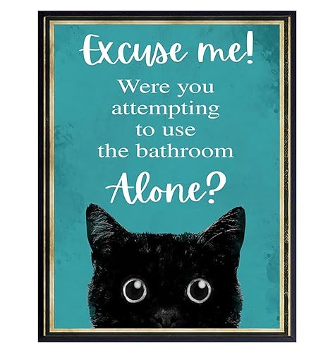 Funny Cat Restroom Sign LARGE 11x14 - Guest Bathroom Decor for Women - Small Bathroom Wall Art - Blue Bathroom Decorations - Unique Powder room