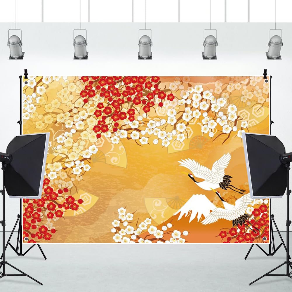 Amazon | Qinunipoto 背景布 お正月 撮影布 3.5x2.5m 謹賀新年 鶴 梅