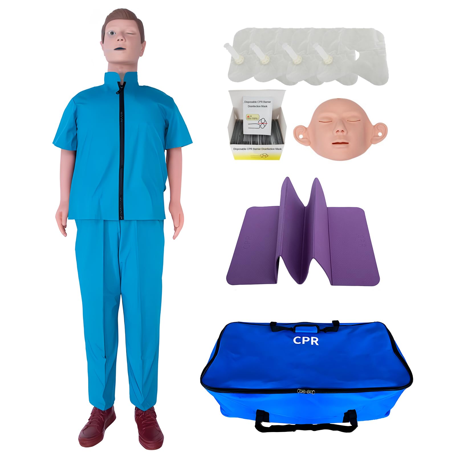 DRXRD Mannequin Secourisme RCP Tout Corps Mannequins de Réanimation avec Masque Facial Remplaçable & 4 Sacs Pulmonaires Remplaçables & Tapis & Sac de Transport pour Entraîner et Pratique