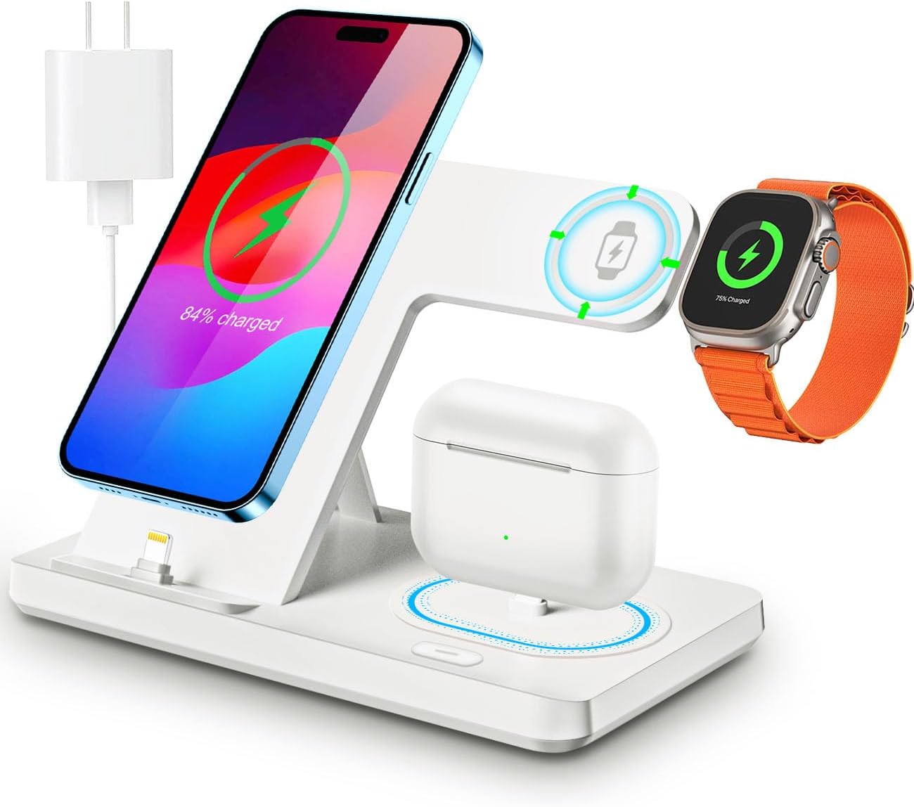 Charging Station, 3 in 1 Fast Charging Stand Dock for Apple: iPhone 14 13 12 11 Pro X Max XS XR 8 7 Plus 6, Apple Watch, AirPods, 18W Adapter, USB Type C, White, Charging Adapter