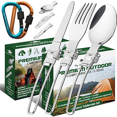 My Smart Grandpa Campingbesteck Doppelpack mit gratis Karabinerhaken und Wetzstein. Edelstahl Klapp-Camping-Besteck-Set, Outdoor Reisebesteck leicht Cover