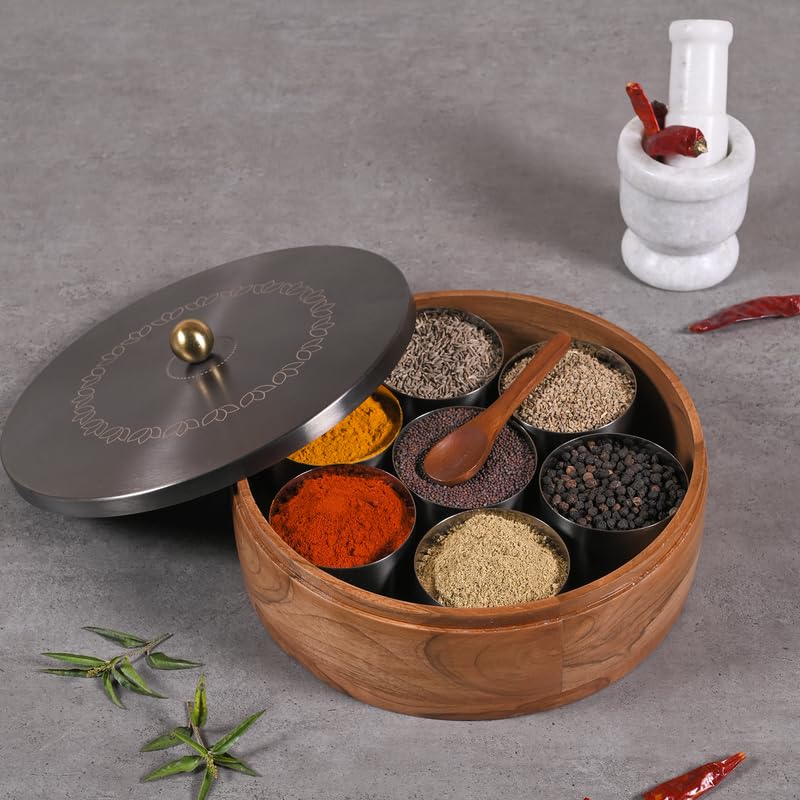 Image of Wooden Masala Box for Kitchen - 7 Stainless Steel Jars with Wooden Spoon | Stainless Steel Brass Lid with Knob | Multipurpose Dry Fruit & Spice Storage - GunMetal (Lotus Bloom Laser Etching)
