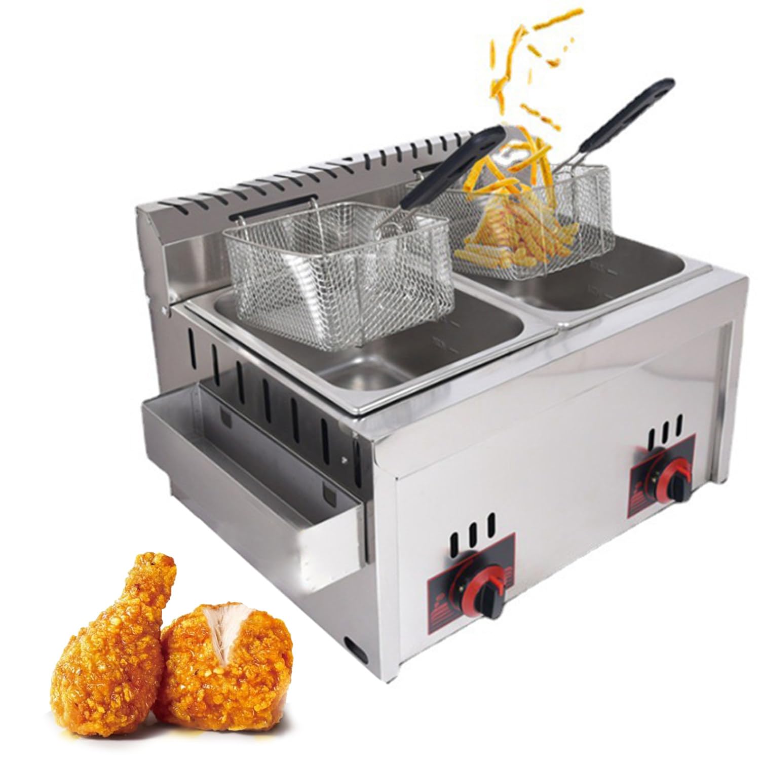 Freidora de gas de doble cilindro de 10lx2, freidora de gas profesional | acero inoxidable comercial con cuchara de cesta para encimera de restaurante comercial Máquina para cocinar alimentos