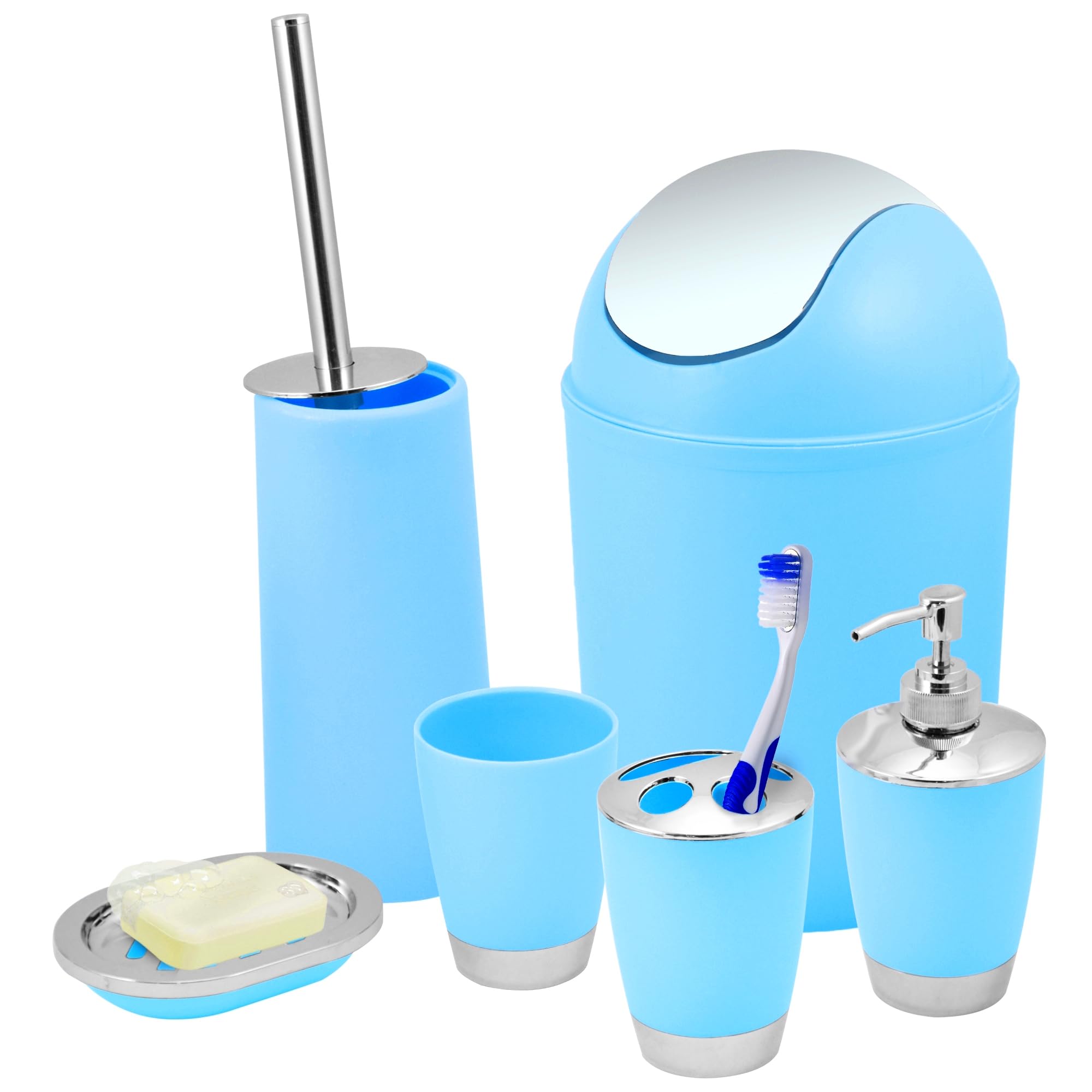 Kabalo Blue 6 Piece Bathroom Shower Accessory Set Bath Accessories - Bin, Soap Dispenser & Dish, Toilet Brush, Toothbrush Holder, Tumbler Cup