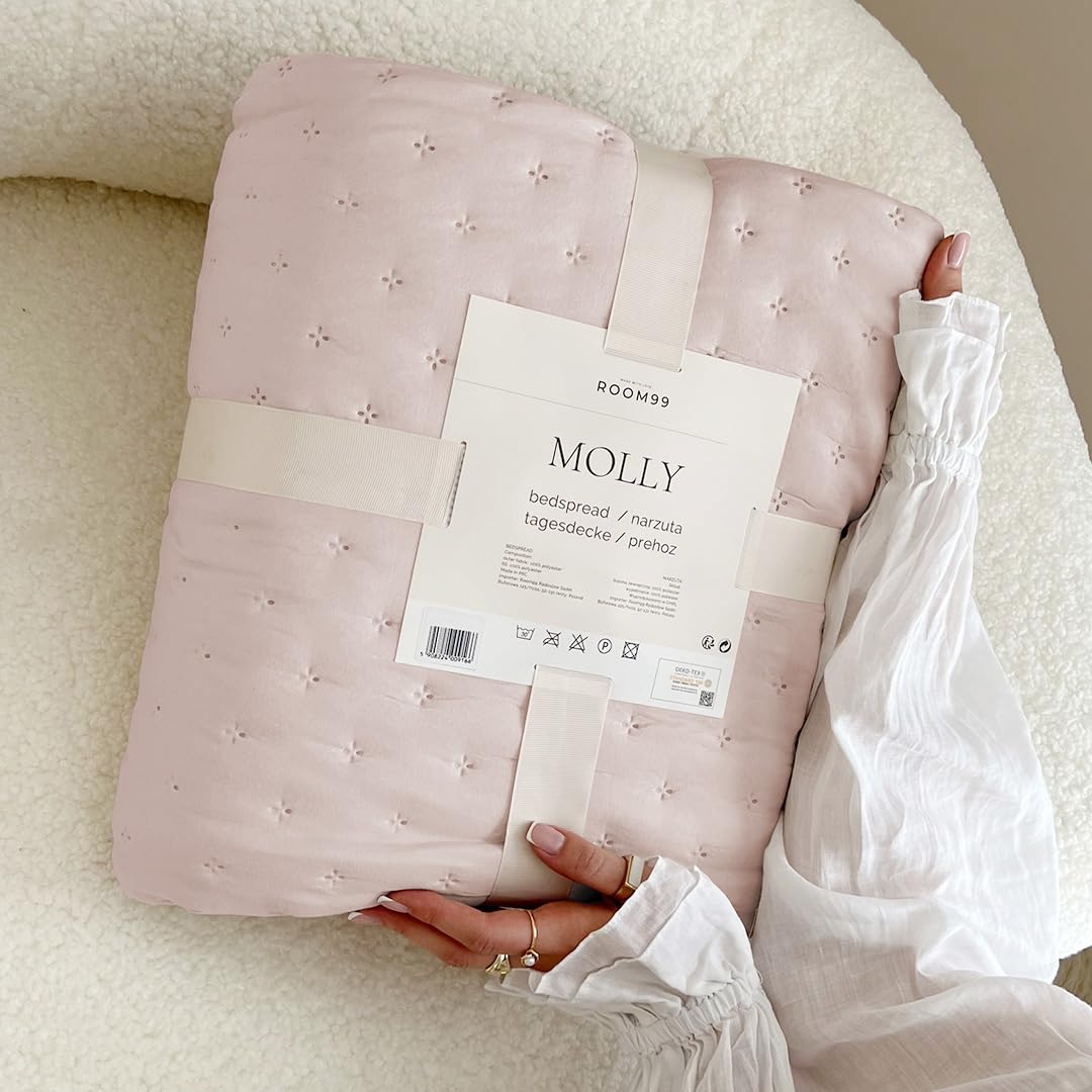 ROOM99 Molly Elegante copriletto rosa cipria 240 x 260 cm, versatile come copriletto o copridivano, coperta per letto e divano, trapunta stile ideale come bedspread