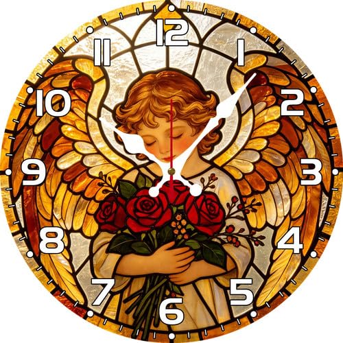 Vdenvileye Wanduhr mit Engelsmotiv, 25 cm, runde Holzuhr (Stil 1)