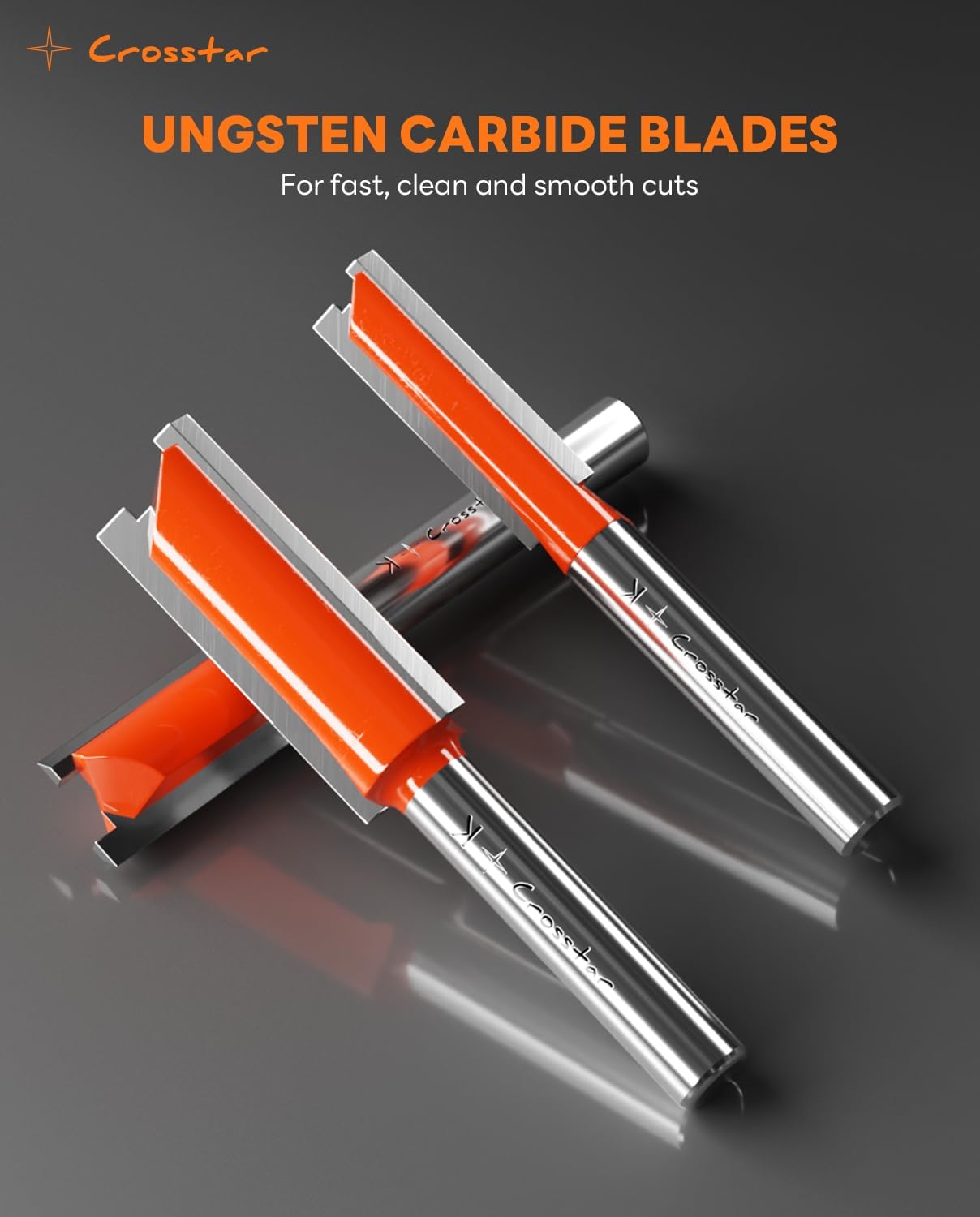 Crosstar 9Pcs Straight Router Bit Set 1/4" Shank, Carbide Straight Cut Router Bits for Woodworking, Includes 1/8", 5/32", 3/16", 1/4", 5/16", 3/8", 1/2", 5/8", 3/4" Cutting Diameters