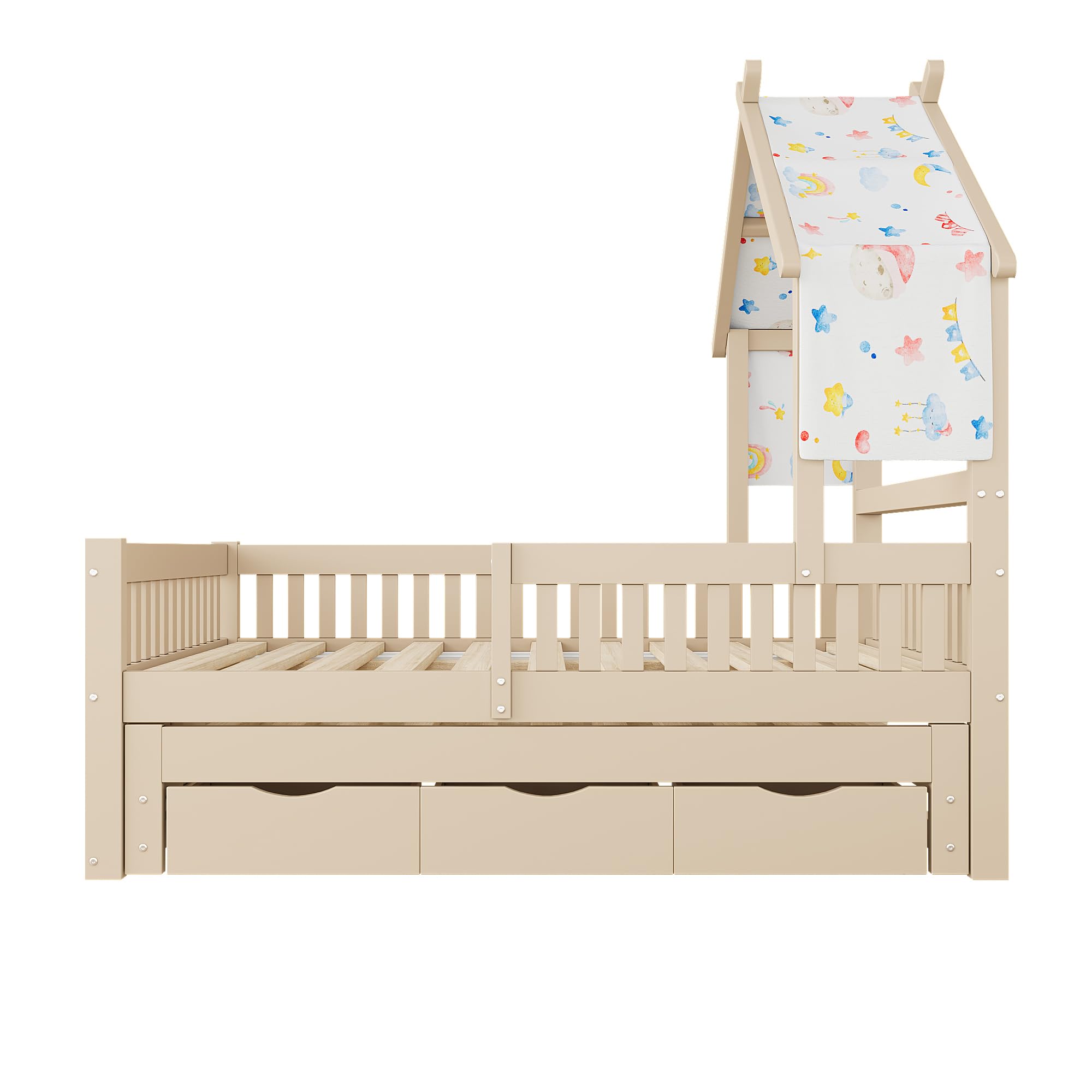 Sapgaks Lit Enfant en Bois 140 x 200 avec lit gigogne 90x190,3 tiroirs et barrières de sécurité,lit cabane Enfants,Cadre de lit 140 x 200 avec sommier à Lattes (C-Jaune Clair 140x200)