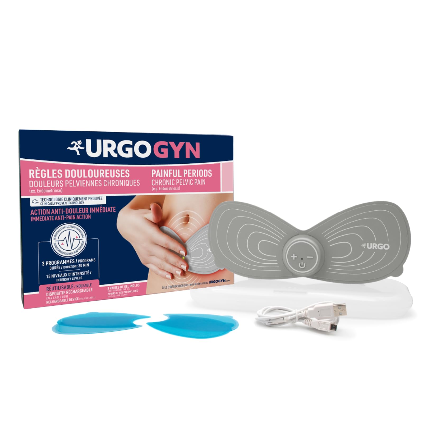 URGOGYN - Patch per elettroterapia, mestruazioni dolorose, dolore pelvico, endometriosi, ricaricabile, 15 livelli di intensità, fin dalle prime mestruazioni