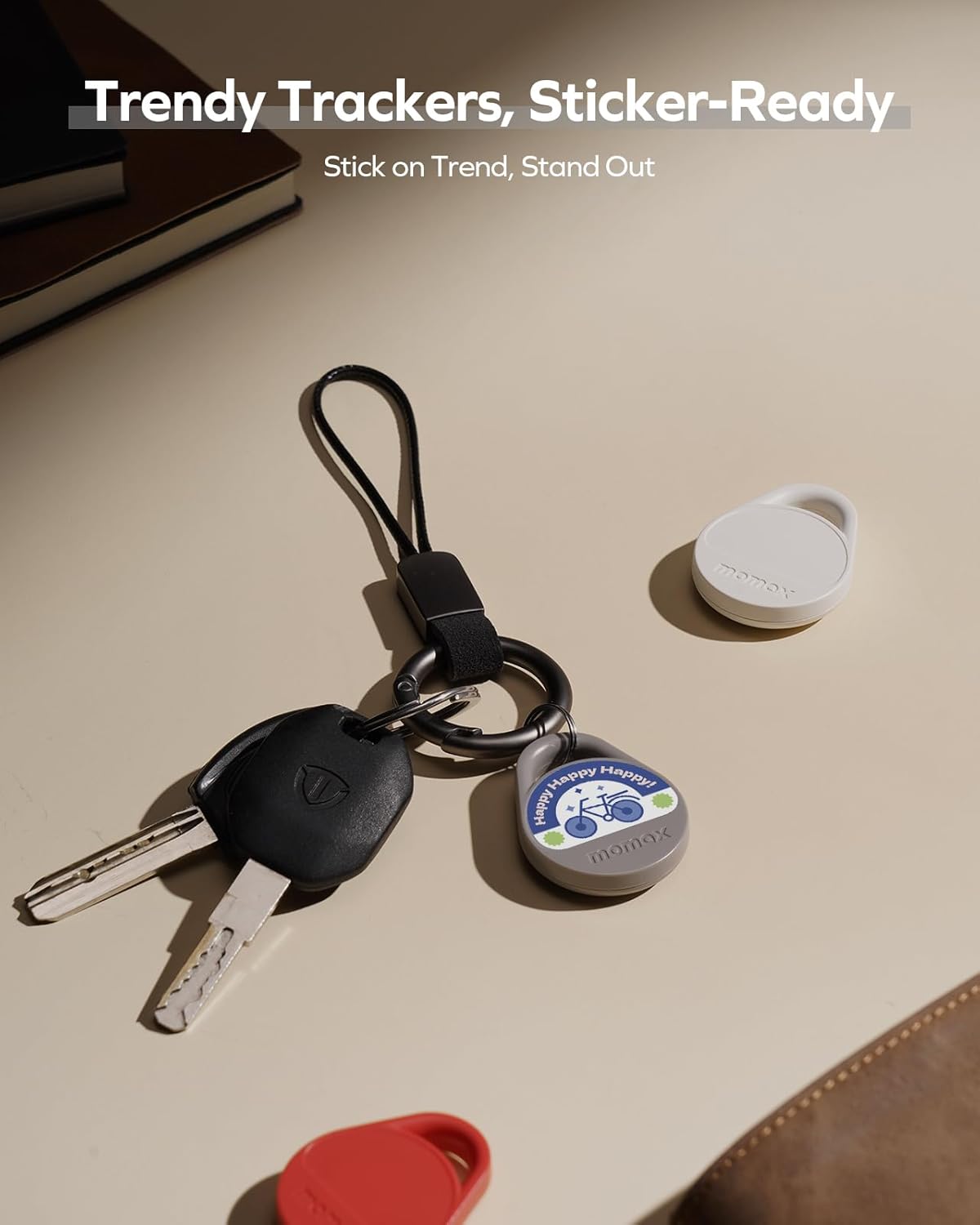 Momax Tracker Tag Universal - Key Finder Works with Both Android & iOS Find My, Smart Bluetooth Air Tracking Device, Replaceable Battery, DIY Stickers, Item Locator for Wallets, Suitcases, Red - Image 6