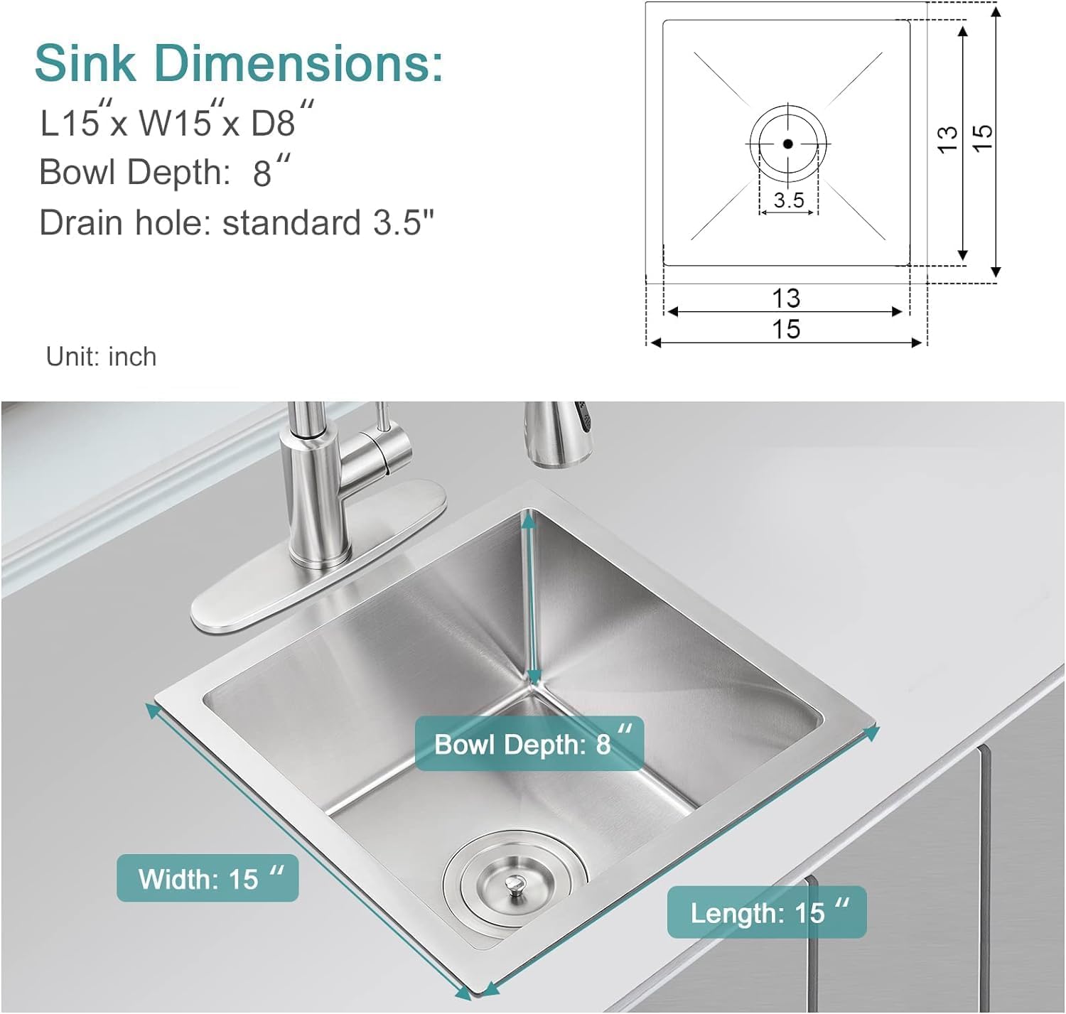 MESIDA 15 Inch Single Bowl Kitchen Sink SUS304 Undermount Stainless Steel Kitchen Sink (15 x 15 x 8 Inch)