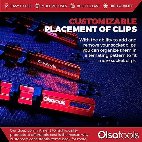 Olsa Tools 3 Pc Set Aluminum Socket Organizer With Locking End Caps | 1/4-Inch Drive X 24 Clips, 3/8-Inch Drive X 18 Clips, 1/2-Inch Drive X 16 Clips | Professional Quality Socket Holder (Red) #TOP4