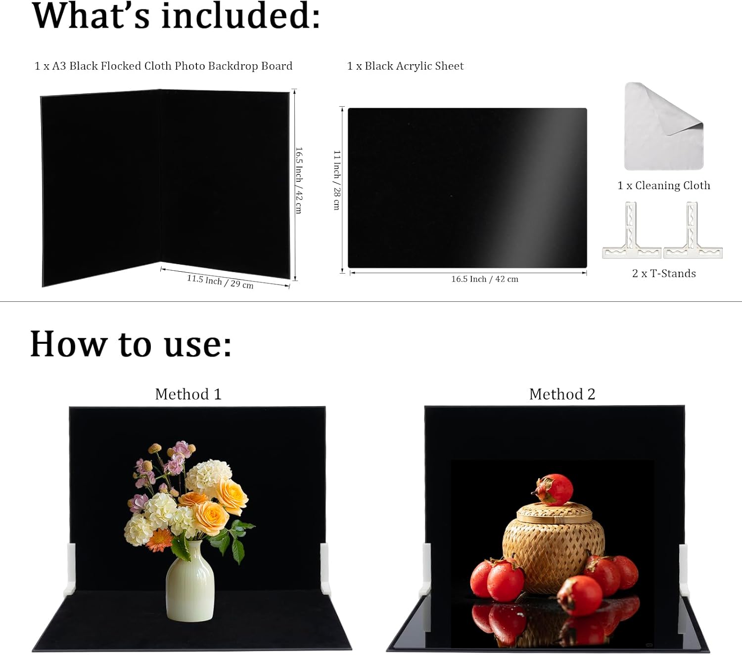 Product Photography Backdrop Kit, Reflective Black Acrylic Sheet & Light-Absorbing Flocked Bakcdrop Board, Tabletop Photo Background for Figurines, Jewelry and Cosmetics, 16x11.5in, MDAOCRY