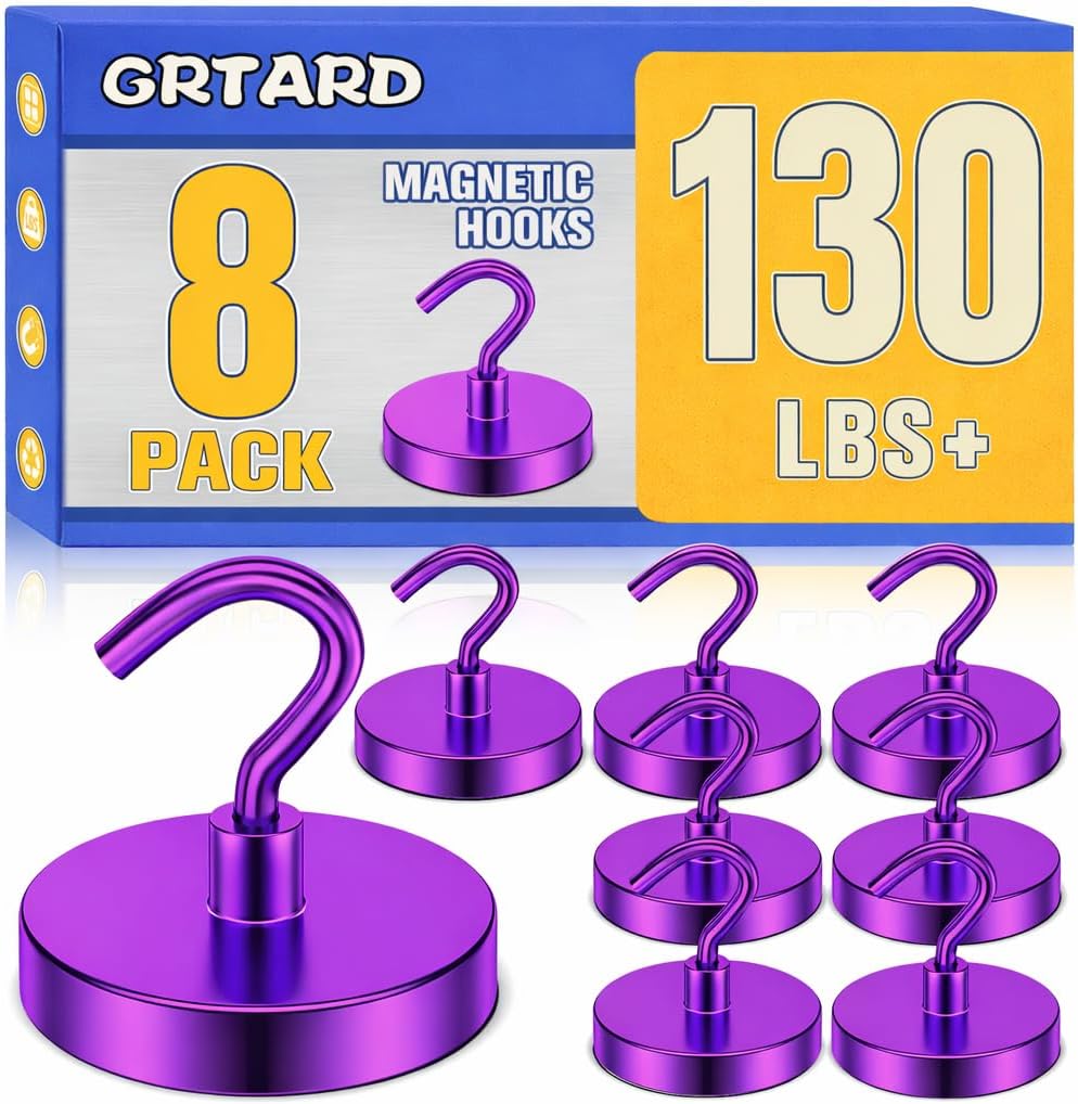 Grtard 130LBS Magnetic Hooks, 8 Pack Strong Magnetic Hooks for Cruise Cabins, Magnet Hooks Heavy Duty for Fridge, Magnets with Hook for Hanging, Grill, Garage, Cruise Ship Essentials (Purple)