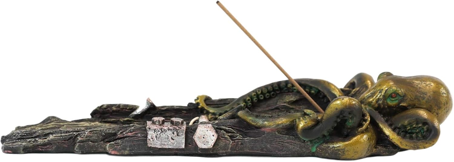 Ebros Nautical Ocean Marine Octopus On Castaway Shipwreck Wooden Deck Incense Stick Burner Holder Resin Statue Sea Kraken Giant Octopuses Themed Decorative Figurine