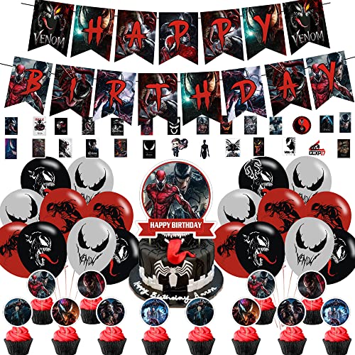 DZZK Venom 2 Party Decorations Venom 2 Birthday Party Supplies - Includes Banner Cake Toppers Cupcake Toppers Balloons Stickers - Red Cartoon Theme