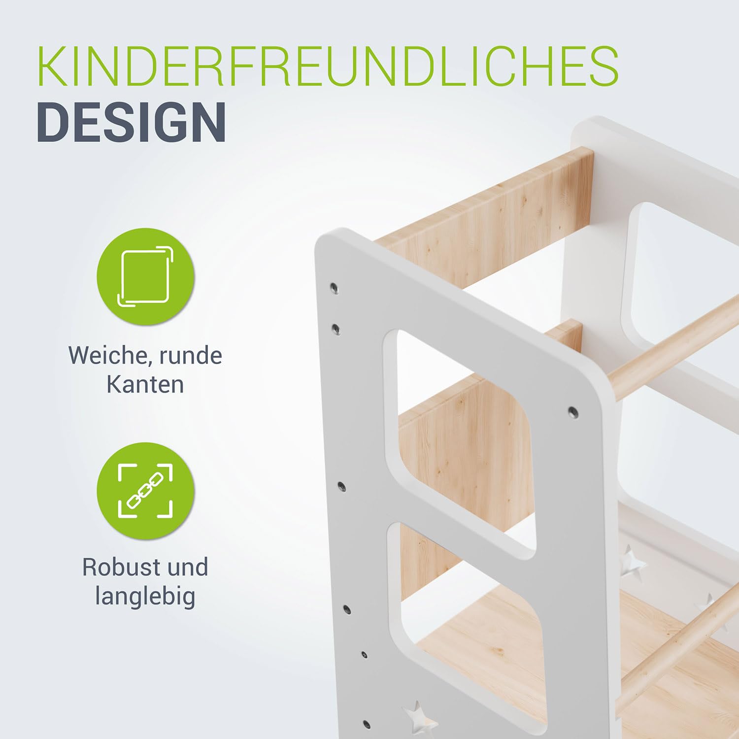 Juskys Lernturm Henny - für Kinder ab 1 Jahr, Stehhilfe, 3-Fach höhenverstellbar, Umkippschutz, Küchenhelfer - Weiß