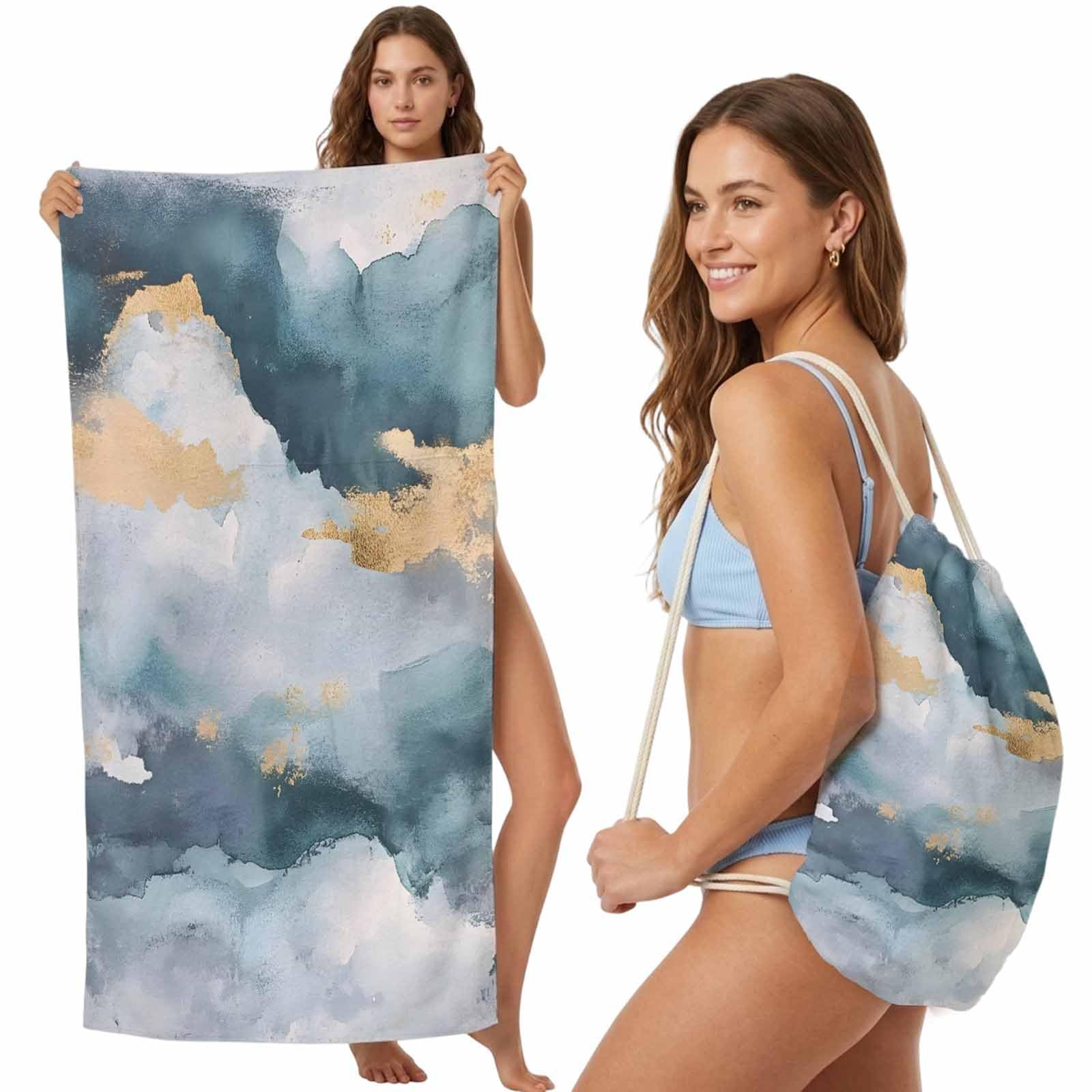 FWJZDSP Beach Towel Backpack Convertible Grey Marble Sand Free Quick Dry Towel Bag Gold Cloud Beach Towel with Adjustable Straps for Travel Swimming Pool Beach Accessories 31.5x63in