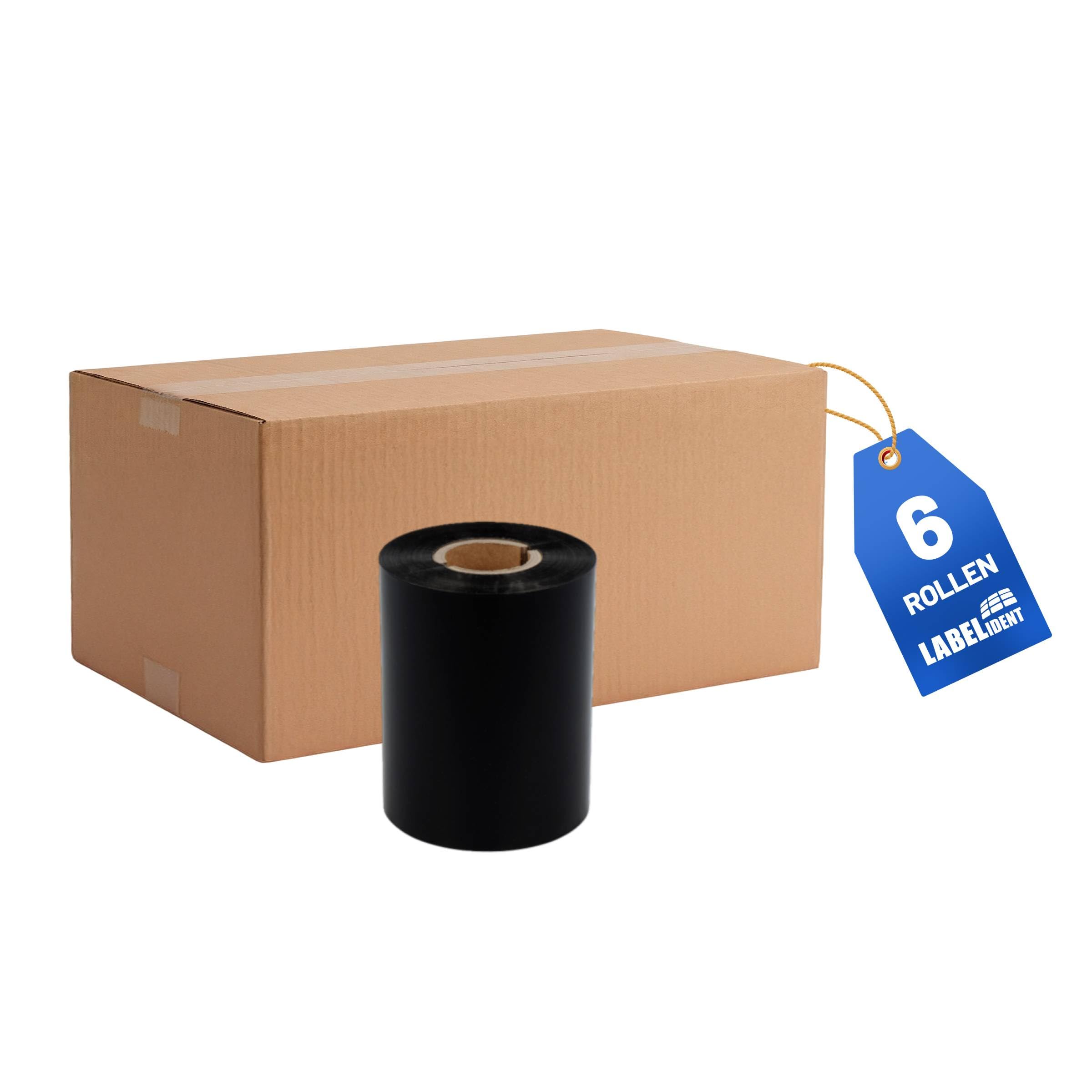 Labelident Thermotransfer Farbband Wachs/Harz schwarz 110mm x 300m - 6 Rollen, Außenwicklung, kompatibel Zebra TSC GoDEX, für beschichtete Papieretiketten