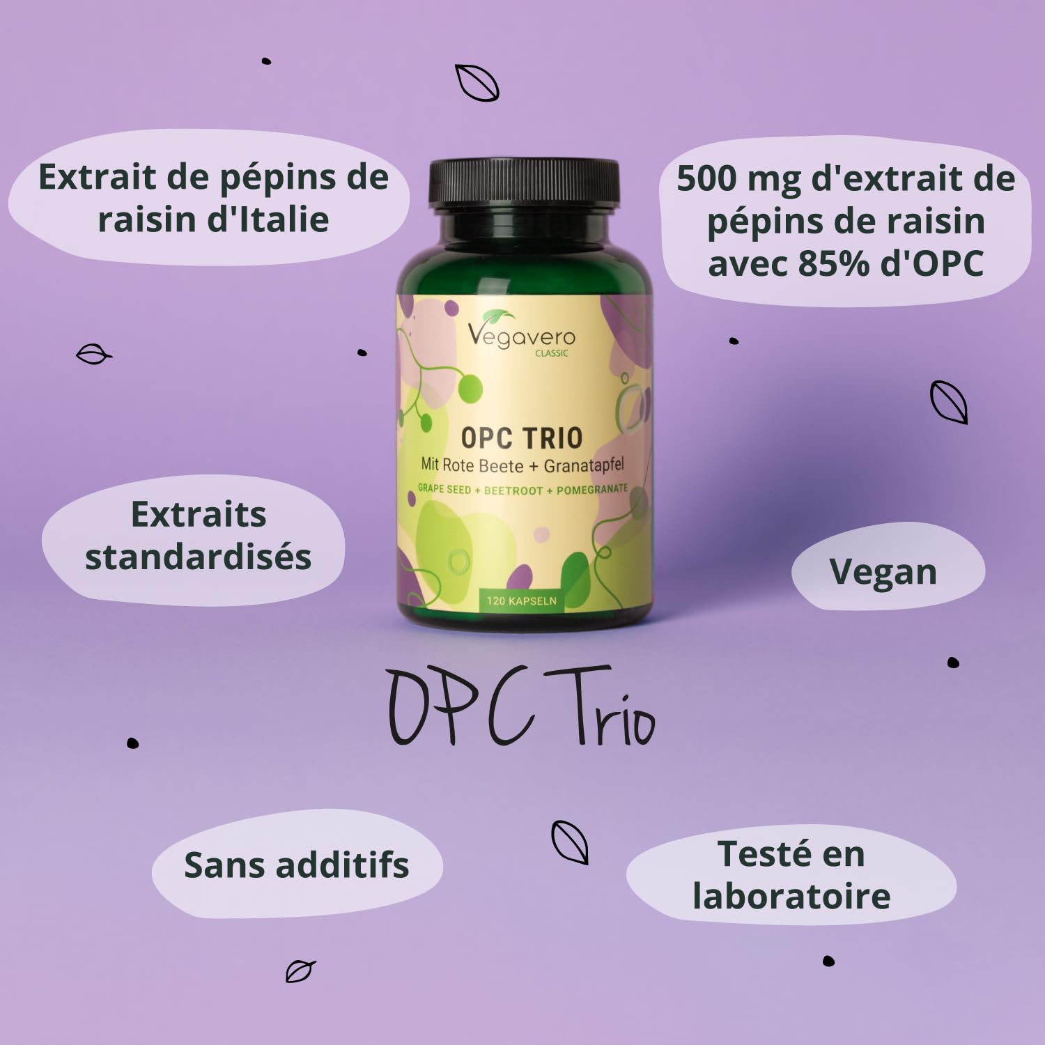 OPC Extraits de Pépins de Raisin | Antioxydant Puissant & Santé Cardiovasculaire | Avec Betterave Rouge & Grenade | Sans Additif & Vegan | 120 Gélules | Vegavero®