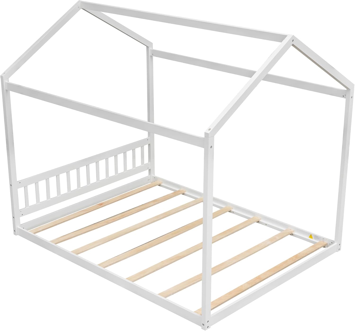 Partially assembled white wooden house bed frame, showing the base and roof structure without a mattress, highlighting the slat support system.